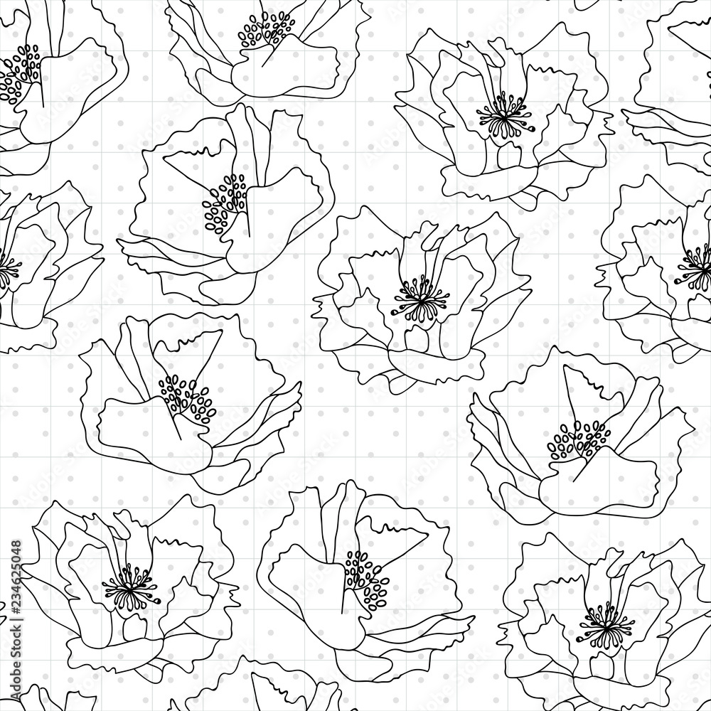 Big poppies flowers . Floral vector seamless pattern with hand drawn  flowers and abstract geometric background.