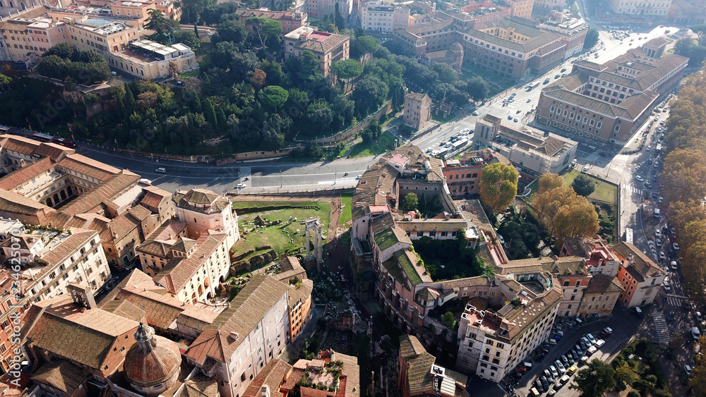 Fototapeta premium Aerial drone photo of iconic Theatre of Marcello and the ruins of Temple of Apollo Palatinus, Rome, Italy
