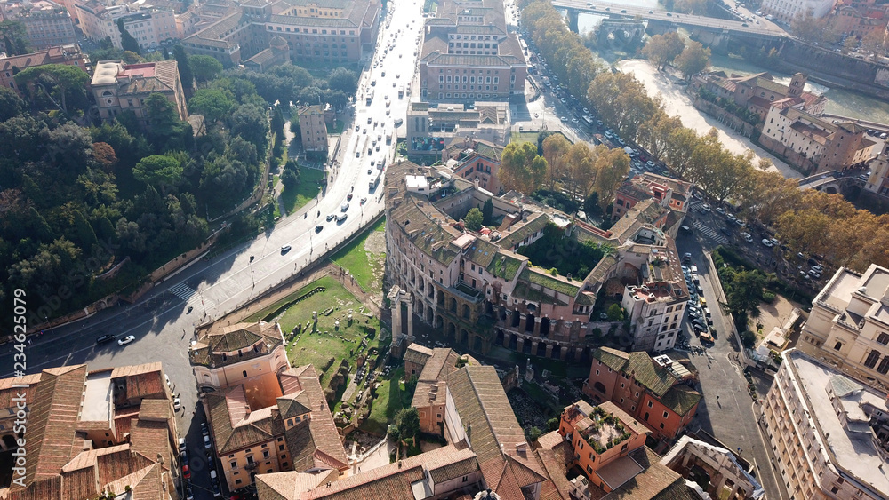 Fototapeta premium Aerial drone photo of iconic Theatre of Marcello and the ruins of Temple of Apollo Palatinus, Rome, Italy