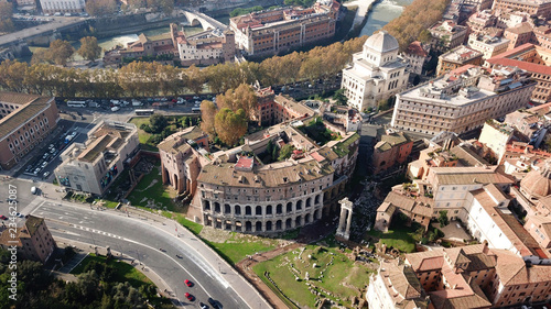 Aerial drone photo of iconic Theatre of Marcello and the ruins of Temple of Apollo Palatinus, Rome, Italy photo