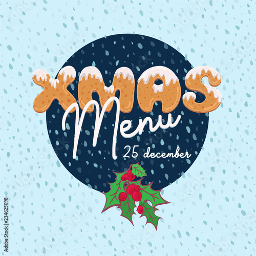 Christmas menu design in cartoon style with text form of homemade cookies. Doodle letters for brochure, poster, vintage festive background, party card