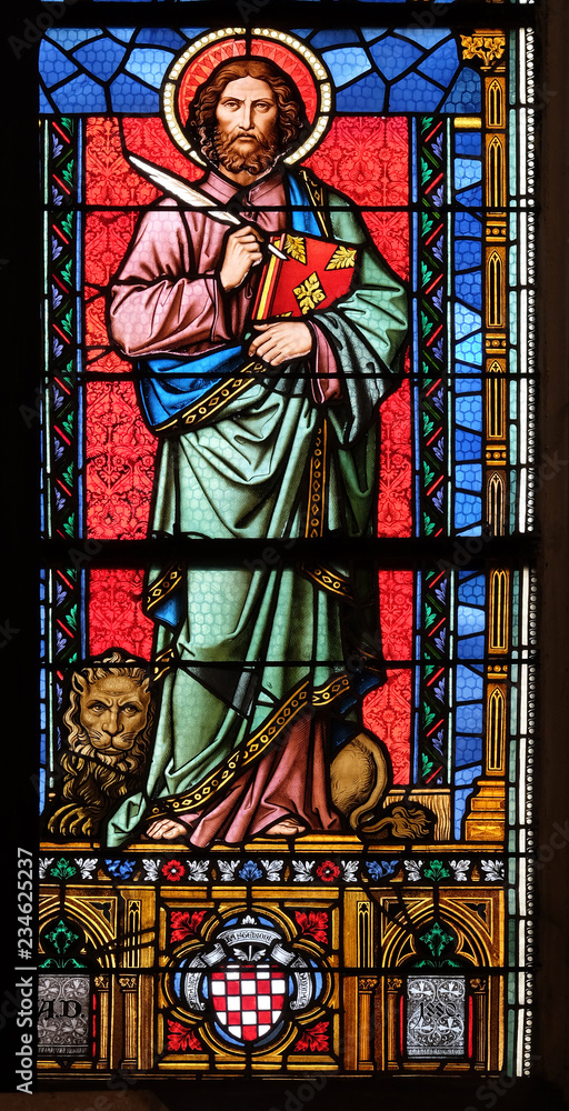 Saint Mark the Evangelist, stained glass window in parish church of Saint Mark in Zagreb, Croatia 