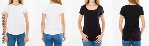 girl,woman in black and white t shirt isilated on white background,template,blank