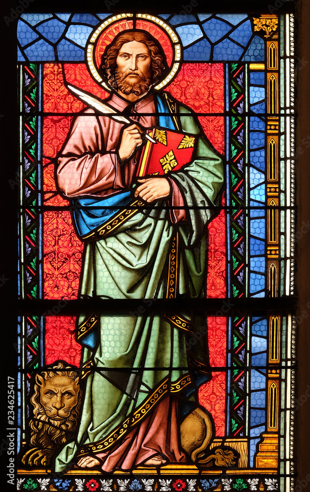 Saint Mark the Evangelist, stained glass window in parish church of Saint Mark in Zagreb, Croatia 