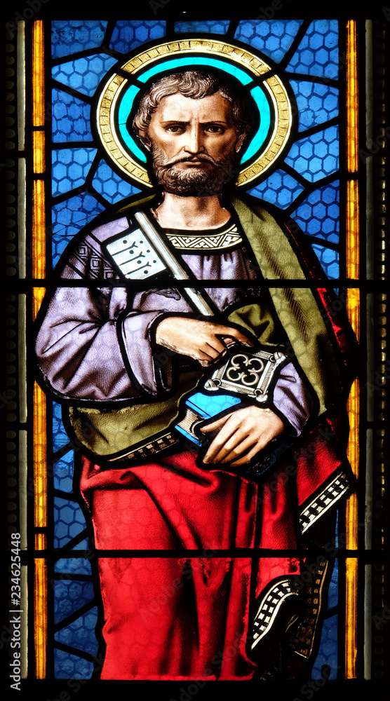Saint Peter the Apostle stained glass window in parish church of Saint Mark in Zagreb, Croatia 