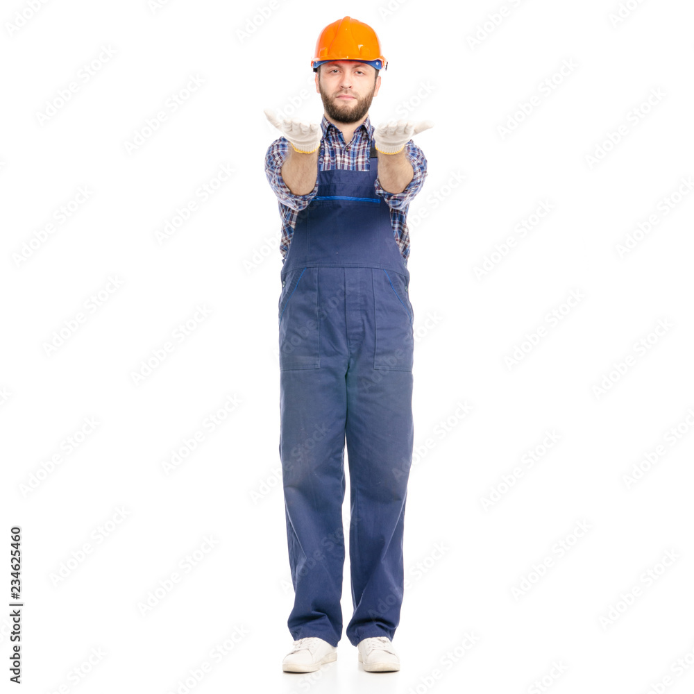 Young man builder industry worker hardhat pain hand on white background isolation Young man builder industry worker hardhat pain hand on white background isolation