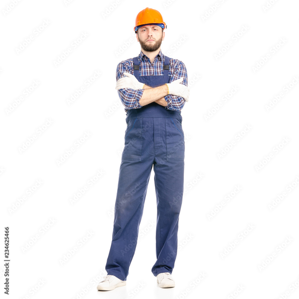 Young man builder industry worker hardhat on white background isolation