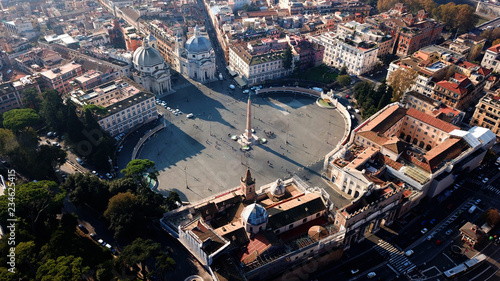 Fototapeta Naklejka Na Ścianę i Meble -  Aerial drone view of iconic Piazza del Popolo (People's Square) named after the church of Santa Maria del Popolo in the heart of Rome, Italy
