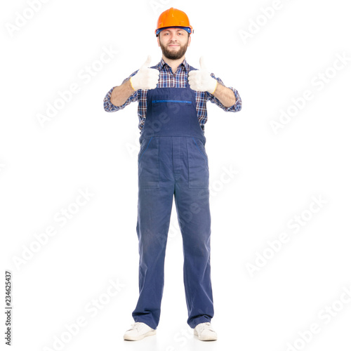 Young man builder industry worker hardhat on white background isolation