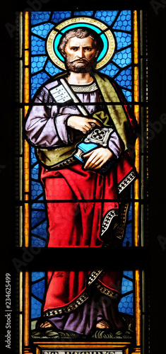 Saint Peter the Apostle stained glass window in parish church of Saint Mark in Zagreb, Croatia