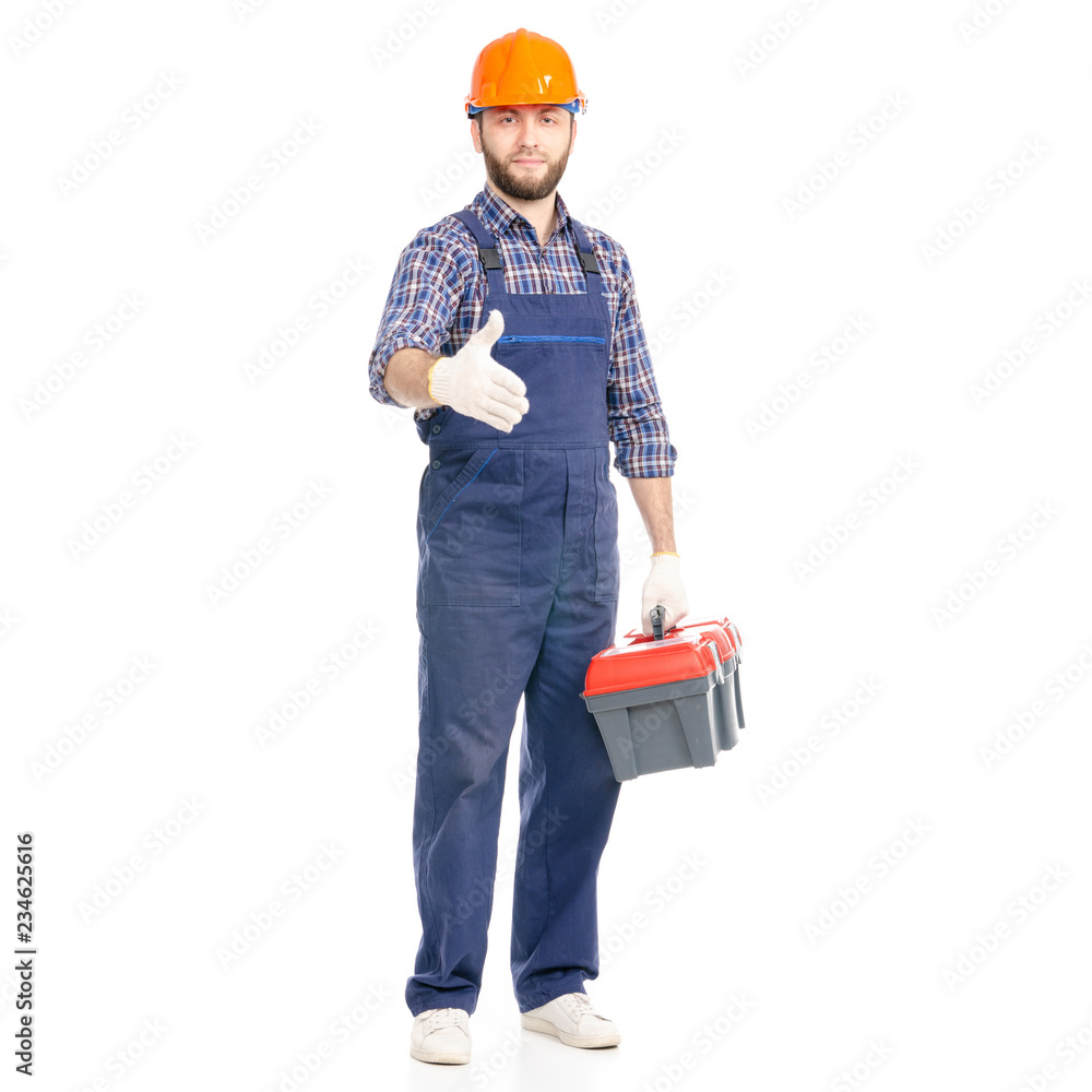 Young man builder with toolbox industry worker hardhat on white background isolation Young man builder with toolbox industry worker hardhat on white background isolation