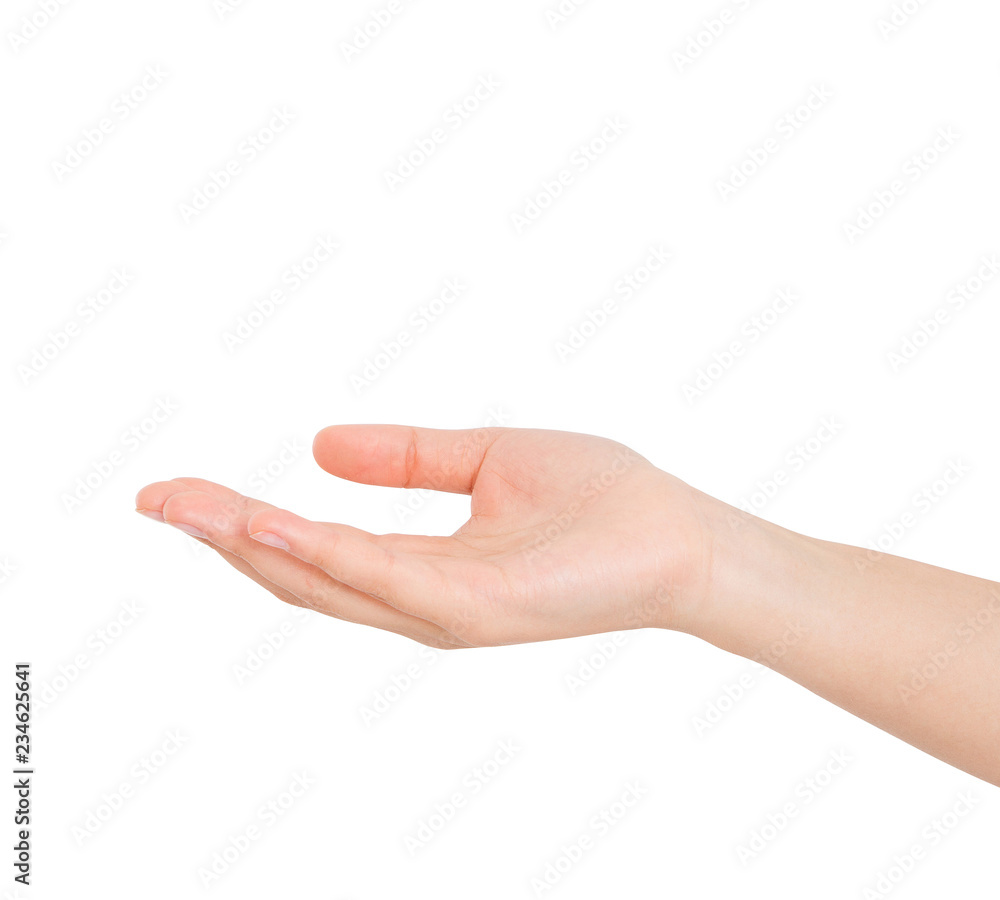 Open white woman's hand, palm up isolated on white background Open white woman's hand, palm up isolated on white background