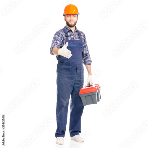 Young man builder with toolbox industry worker hardhat on white background isolation