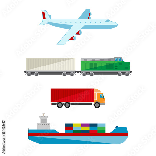 Transportation and logistics. Delivery and shipping services. Airplane, train, truck and ship. Vector illustration.