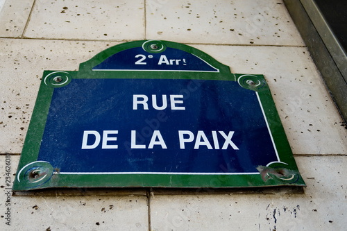 Rue de la Paix. Plaque de nom de rue, Paris. France photo