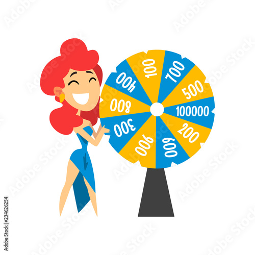 Smiling anchorwoman spinning roulette wheel with numbers, quiz show concept vector Illustration on a white background
