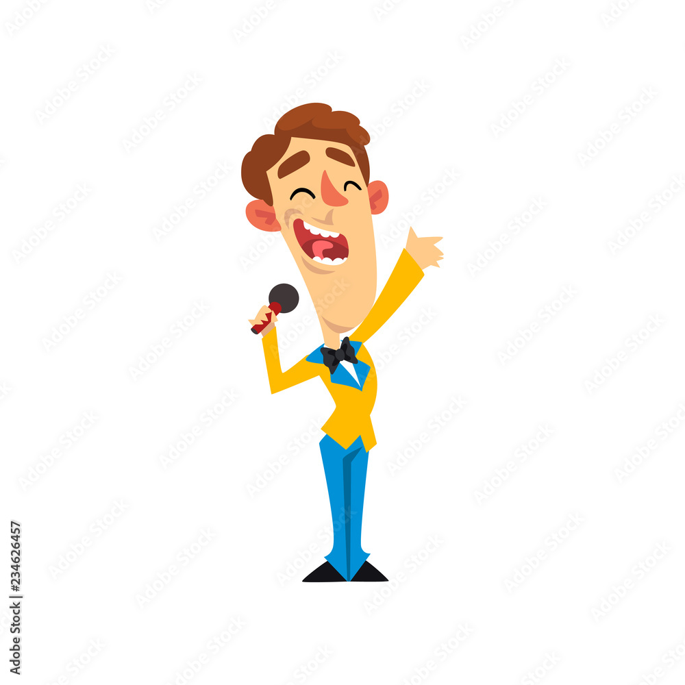 Game show host, smiling man with microphone vector Illustration on a white background Game show host, smiling man with microphone vector Illustration on a white background