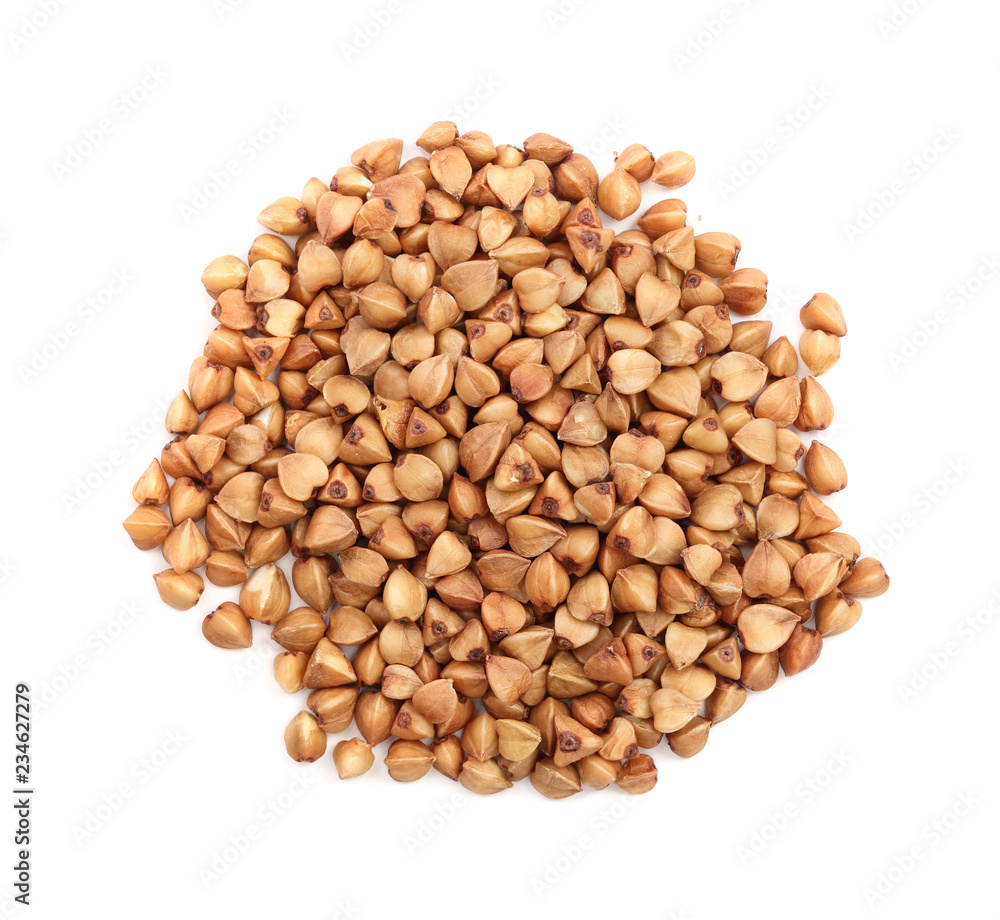 buckwheat grain isolated on white background close up. Top view Stock