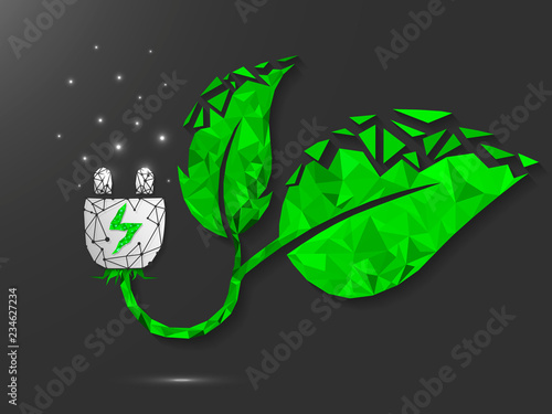 Leaf natural Charger ECO Icon made from lines, triangles, and points with a green leaf that produces electricity. Low poly wireframe, polygonal vector illustration