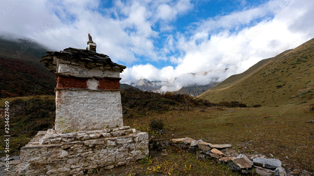 Chorten at high altitude camp site along Jomolhari trek, Bhutan.