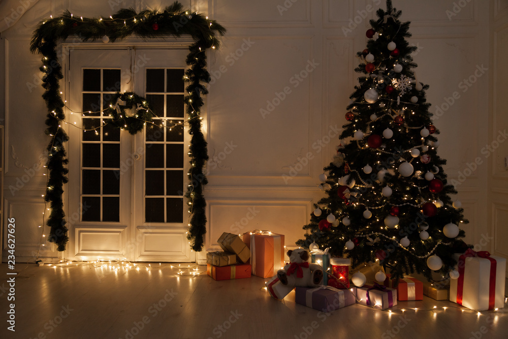 Christmas tree with presents, Garland lights new year holiday winter Christmas tree with presents, Garland lights new year holiday winter