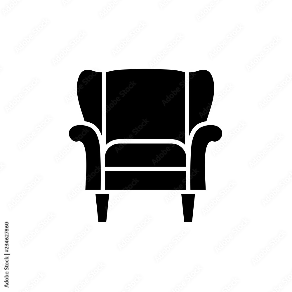 Black & white vector illustration of classic armchair with high back. Flat icon of arm chair seat. Upholstery furniture for living room & bedroom. Isolated object Black & white vector illustration of classic armchair with high back. Flat icon of arm chair seat. Upholstery furniture for living room & bedroom. Isolated object
