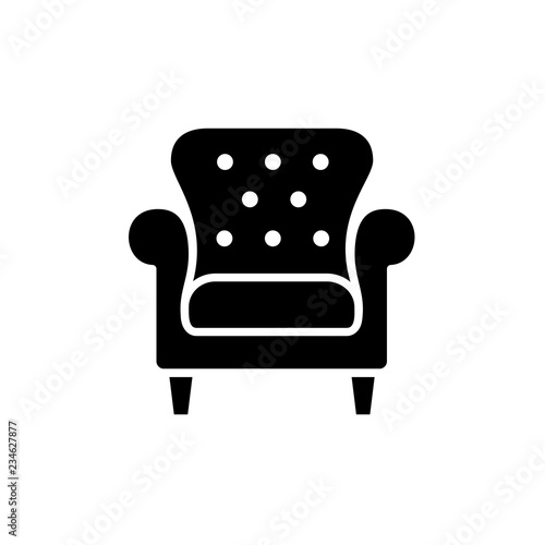 Black & white vector illustration of leather office armchair with high back. Flat icon of arm chair seat. Upholstery furniture for living room & bedroom. Isolated object