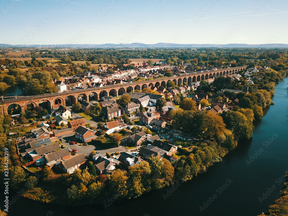 Historic railway market town of yarm in Teesside with the brick built railway viaduct