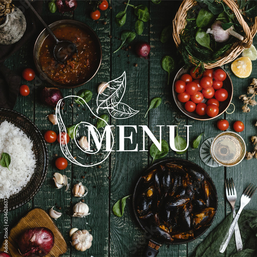 Valokuva Top view of cooked mussels with shells served in pan with tomatoes, herbs and wi