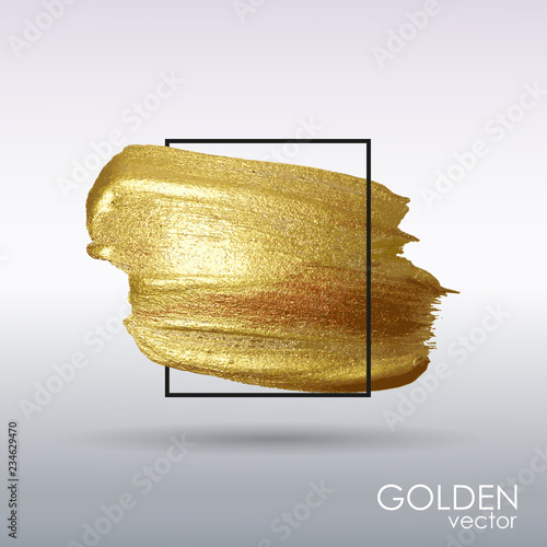 Smear with an artistic brush. Gold grunge texture in a frame. A brilliant festive pattern. White background. Vector abstract image. A high resolution. Hand drawn brush strokes and stains.