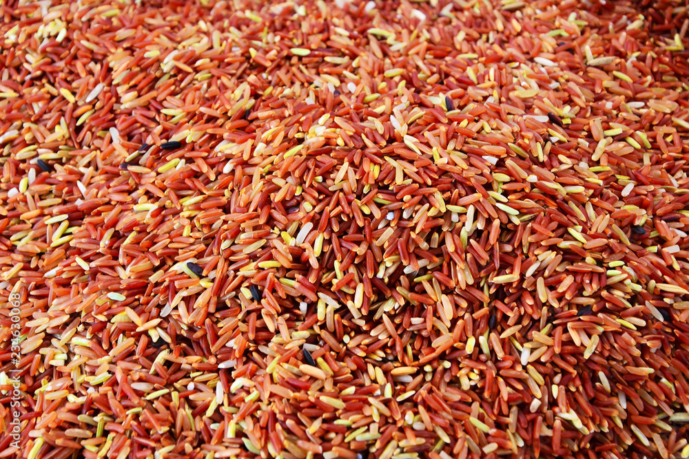 Group of multicolored rice seeds texture background