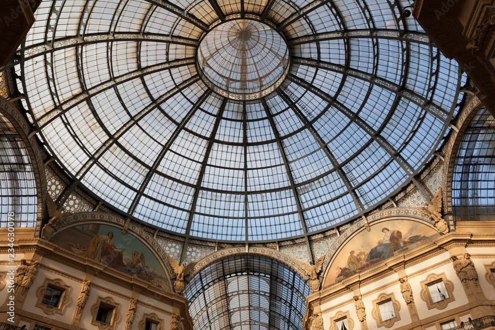 ITALY, MILAN - November 2018: glass couple ceiling Interior view of Vittorio Emanuele II .