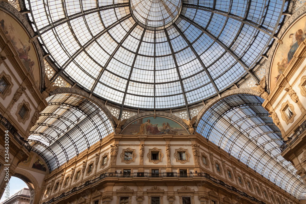 ITALY, MILAN - November 2018: glass couple ceiling Interior view of Vittorio Emanuele II.