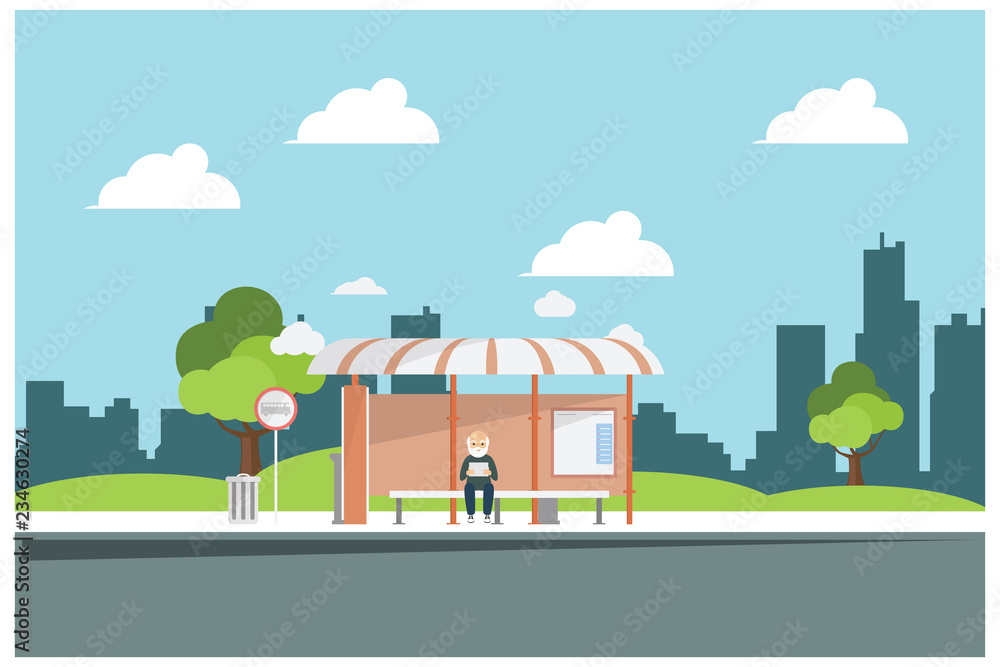 flat illustration waiting for the bus at the stop, vector illustration