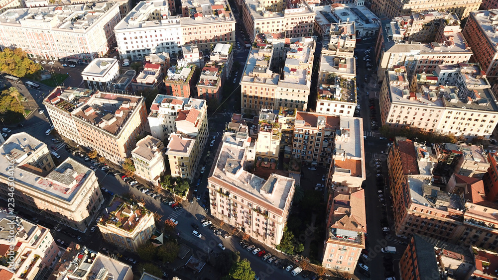 Fototapeta premium Aerial drone bird's eye view of iconic architecture in city of Rome next to river Tiber, Italy
