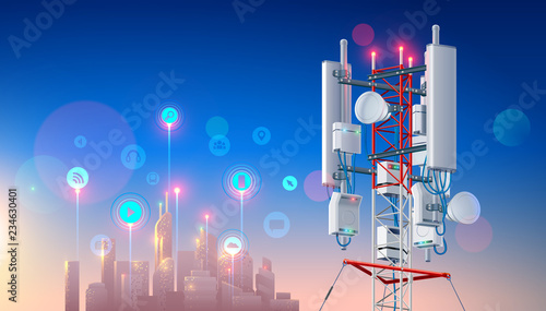 Antenna for wireless network. Telecommunication cellular station for smart city connections mobile equipment. Broadcasting tower for high speed internet communication. Mast Lte aerial. Tech background