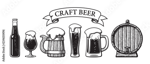 Vintage set of craft beer objects. Bottle, glasses, old wooden mug, barrel, ribbon banner. Hand drawn engraving style vector illustration.