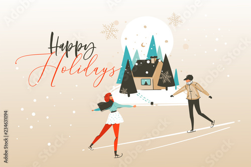Hand drawn vector abstract fun Merry Christmas time cartoon illustration greeting card with happy xmas girl and boy ice skating in the forest with Happy holidays text isolated on craft background