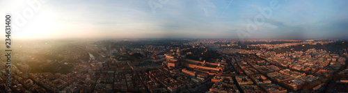 Aerial drone ultra wide panoramic photo of iconic Saint Peter Basilica in the heart of Vatican city in Rome, Italy