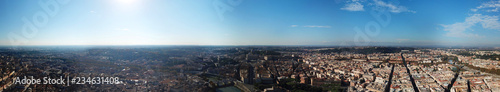 Aerial drone panoramic view from Roman Forum one of the main tourist attractions which was build in ancient times as the site of triumphal processions and elections next to Colosseum, Rome, Italy