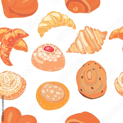  Seamless pattern buns baking croissants. For design packaging.