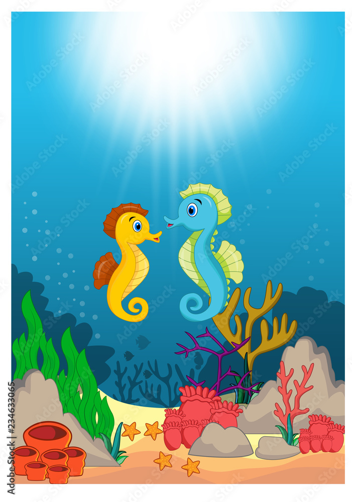 Seahorse in Beautiful Underwater World Cartoon
