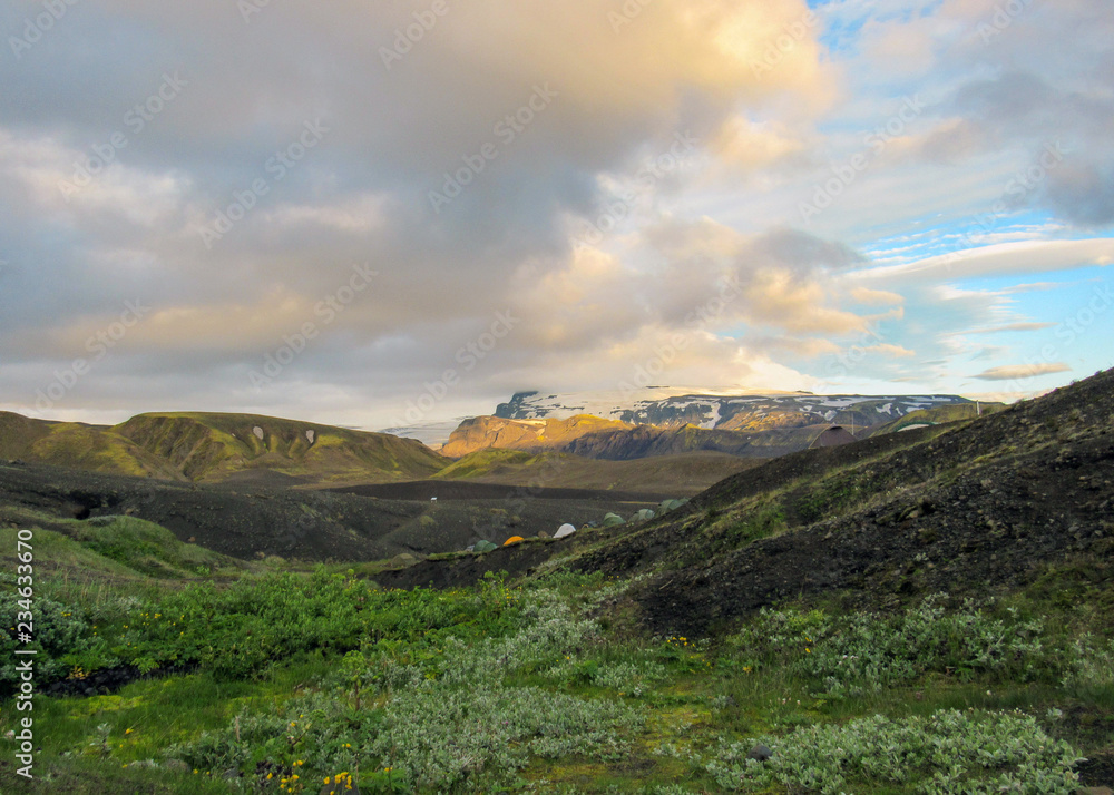 Botnar-Ermstur campsite and sunset above volcanic landscape, Laugavegur Trail from Thorsmork to Landmannalaugar, Higlands of Iceland, Europe