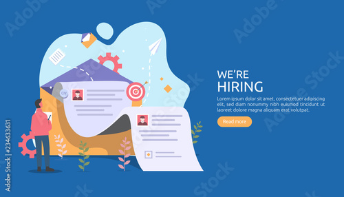 online recruitment or Job hiring concept with tiny people character. select a resume process. agency interview. template for web landing page, banner, presentation, social media. Vector illustration
