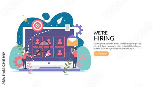 online recruitment or Job hiring concept with tiny people character. select a resume process. agency interview. template for web landing page, banner, presentation, social media. Vector illustration