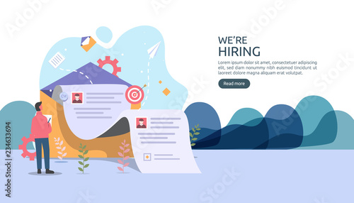 online recruitment or Job hiring concept with tiny people character. select a resume process. agency interview. template for web landing page, banner, presentation, social media. Vector illustration