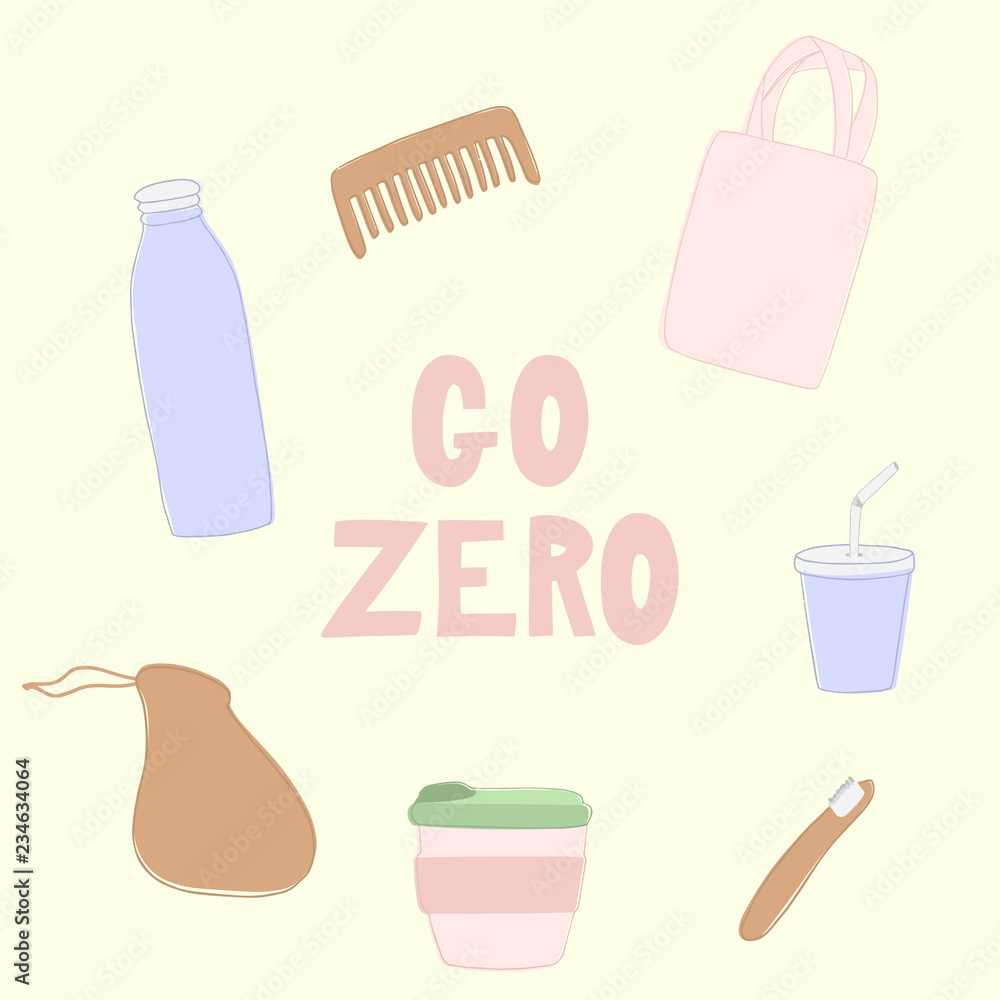Hand drawn zero waste elements. Vector illustration. Zero waste concept. Eco style. Go green Hand drawn zero waste elements. Vector illustration. Zero waste concept. Eco style. Go green