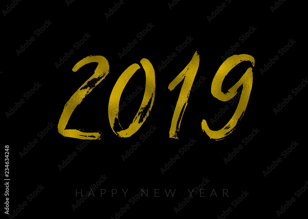 2019 gold foil textured hand painted logo isolated on black background. 2019 typography for New Year calendar, brochure cover, for poster and invitation, for logo and icon. Vector illustration. EPS10 2019 gold foil textured hand painted logo isolated on black background. 2019 typography for New Year calendar, brochure cover, for poster and invitation, for logo and icon. Vector illustration. EPS10