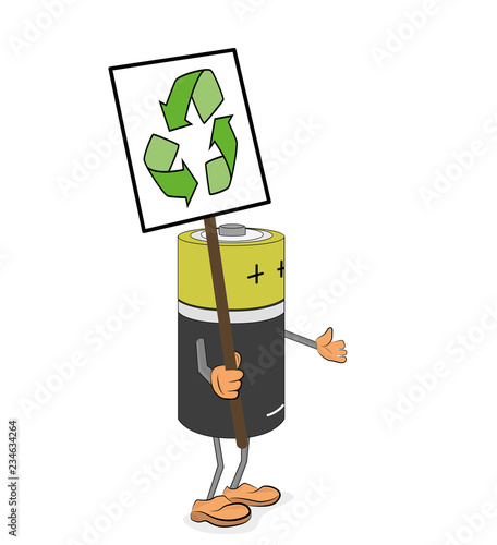 batteries in the form of men. stand hand in hand. holding posters for the protection of the environment. vector illustration.