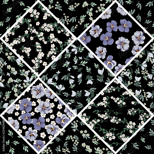 Seamless colorful pattern with leaves and bellflowers, violet leaves, violaceous flowers and small white simple flowers on a black background in patchwork style, textile print
